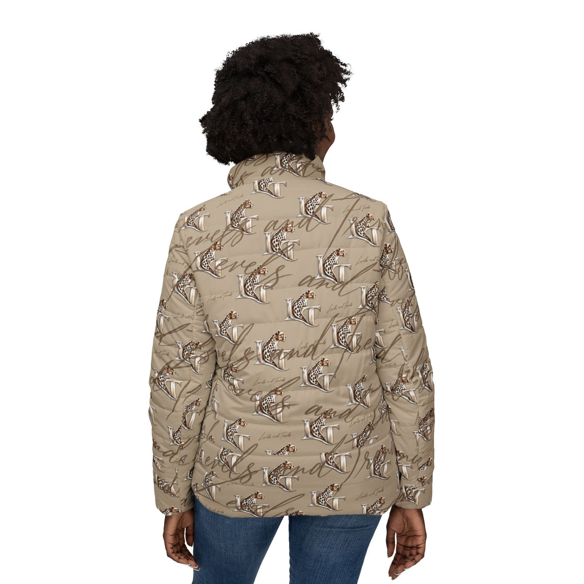Women’s LT Puffer Jacket — Neutral Bird Pattern All-Over Print, Cozy Lightweight Winter Coat