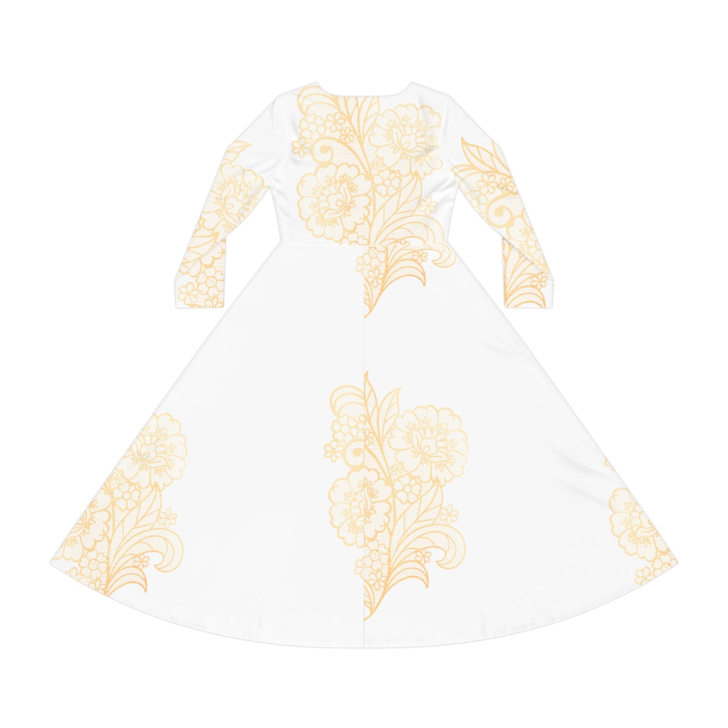 White Long-Sleeve Dance Dress with Delicate Gold Floral Print — Elegant Ballroom & Performance Dress