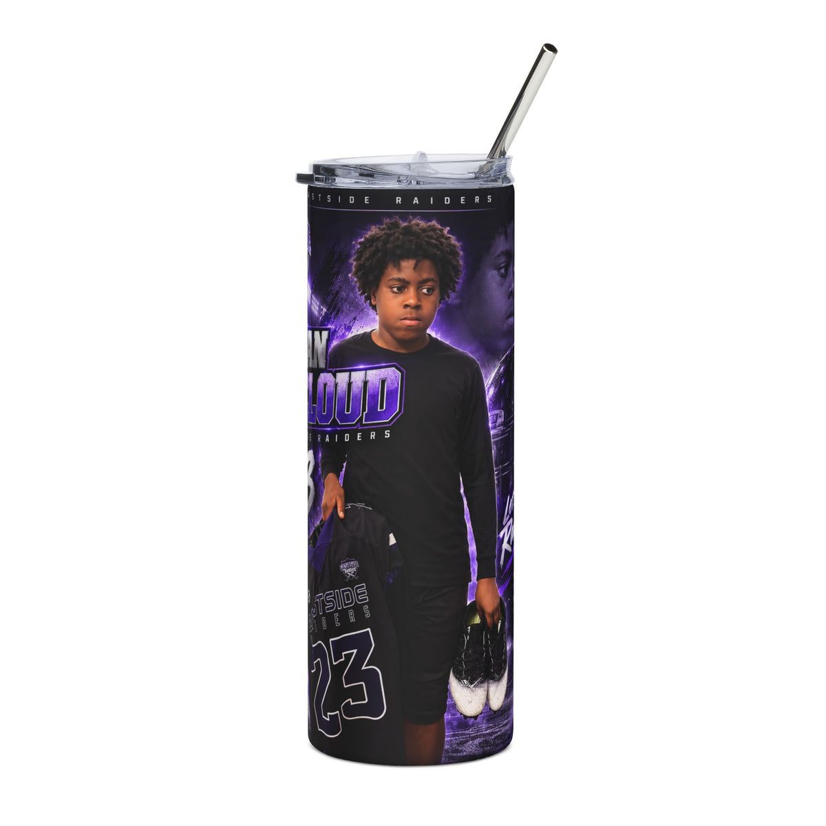 Football Photo Stainless Steel Tumbler — Custom Player Name & Eastside Raiders Logo, 20oz