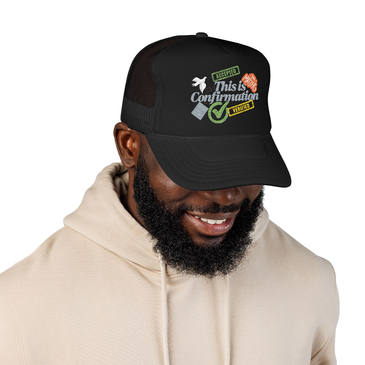 This is confirmation- black Embroidered Foam Trucker Hat - Vintage Style, Perfect for Casual Wear, Outdoor Adventures, Gift Idea for Him or Her, Trendy Headwear