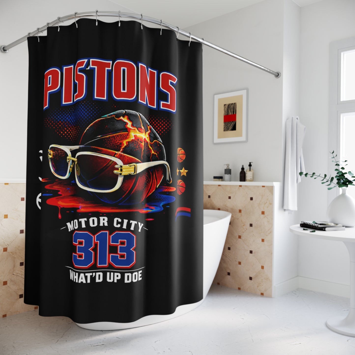 Pistons Motor City 313 Shower Curtain — Detroit Basketball Bathroom Decor