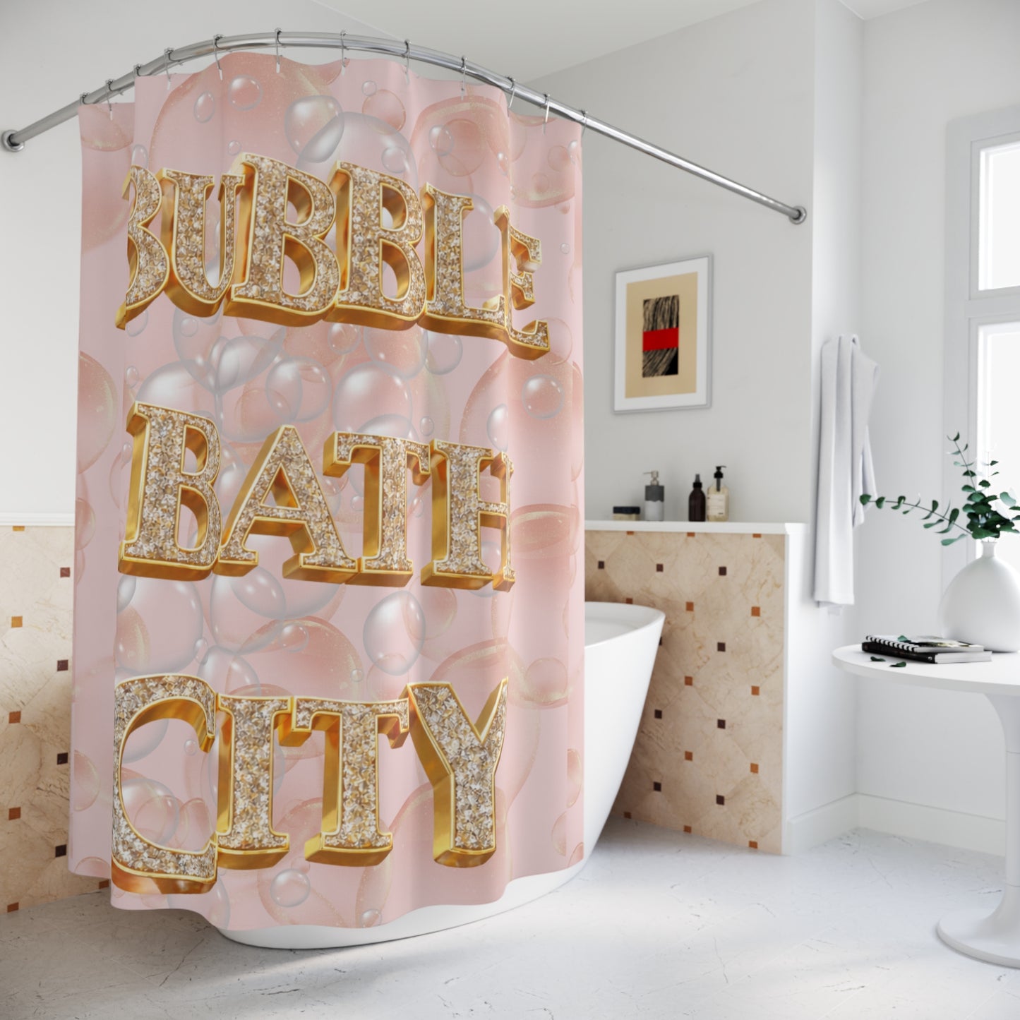Bubble Bath City Shower Curtain — Pink Bubbles Spa Bathroom Decor