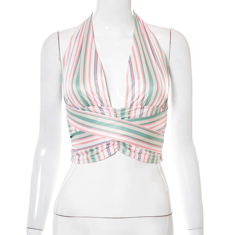 Casual Women's Halter Neck Stripe Blouse T-shirt