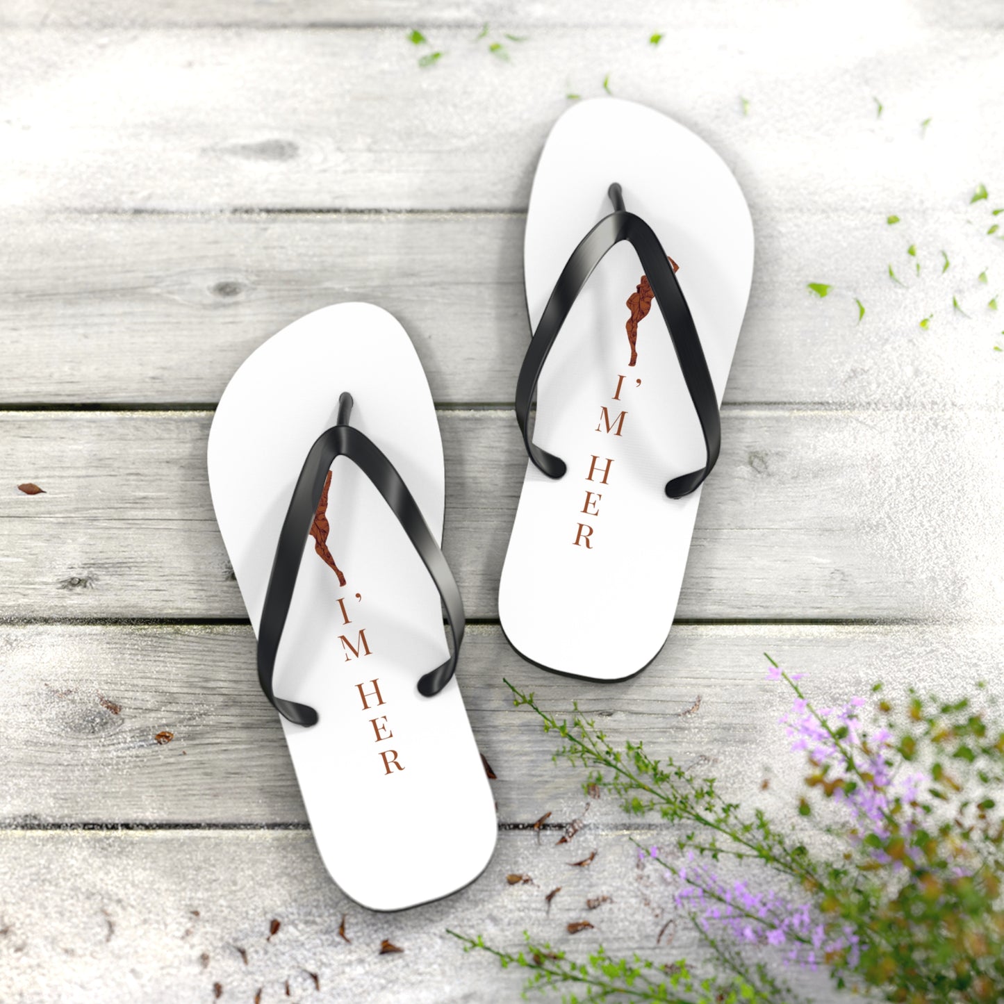 Flip Flops — "I'M HER" white Beach Flip Flops with Braided Hair Design
