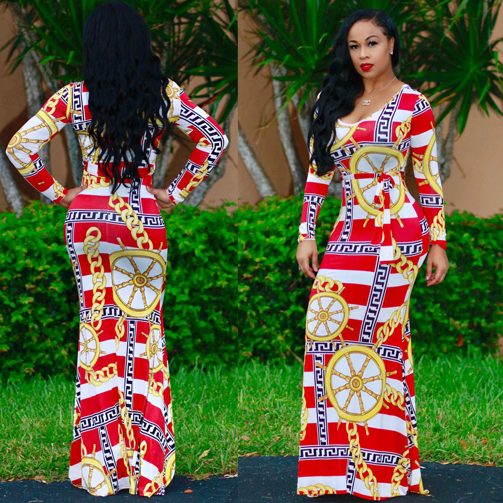 S3086-0 Striped Dress - Digital Print Long Sleeve Dress