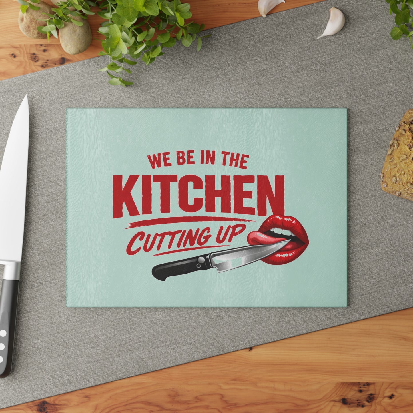 We Be In The Kitchen Cutting Up Glass Cutting Board — Retro Lip & Knife Kitchen Decor