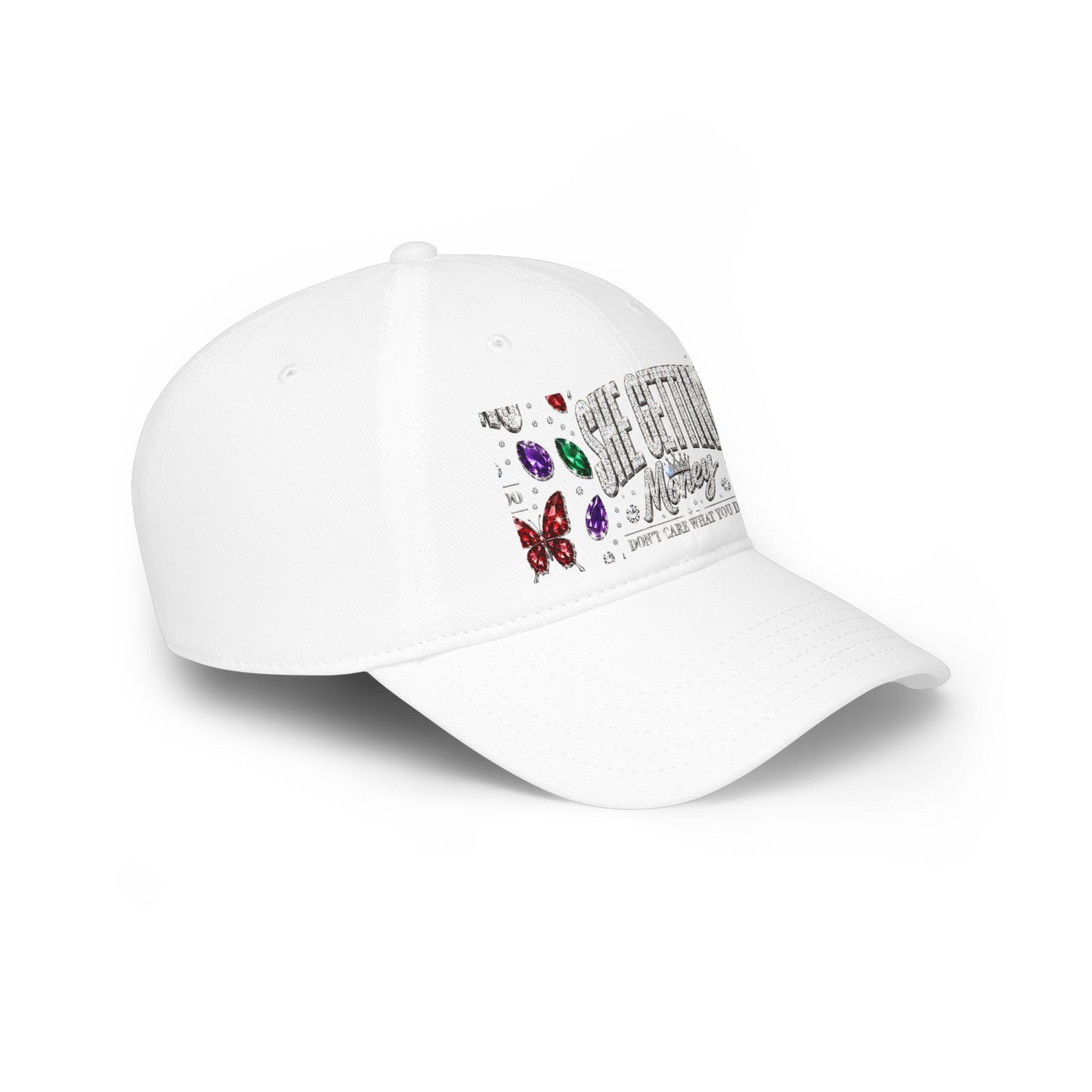 Low Profile Baseball Cap — 'She Getting Money' Rhinestone Butterfly Embroidered Hat