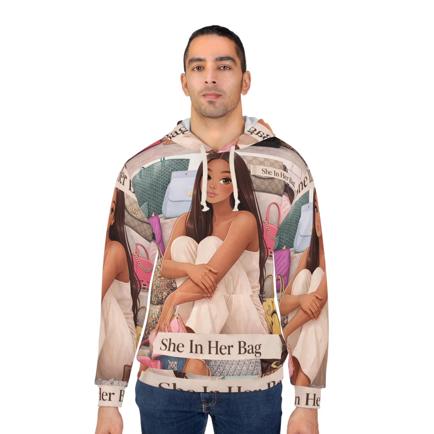 All-Over Print Hoodie — 'She In Her Bag' Fashion Illustration Pullover