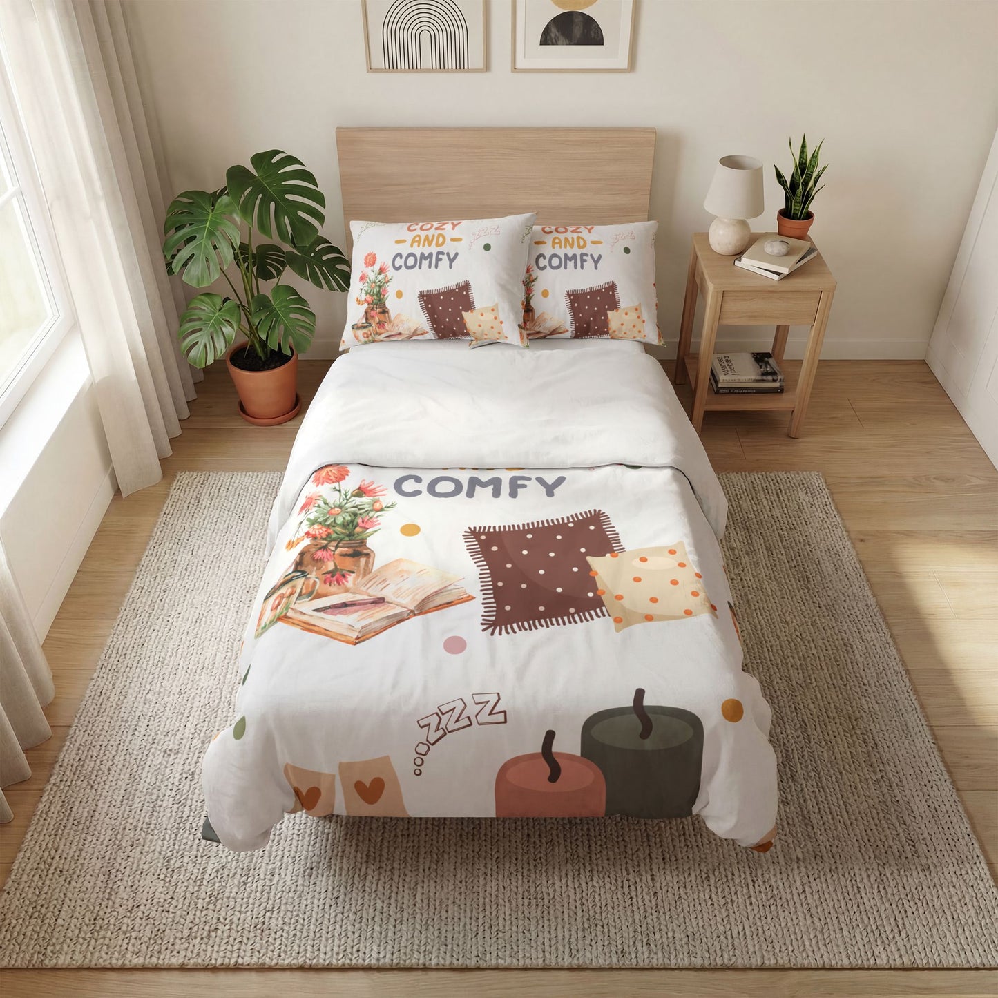Cozy and Comfy Printed Quilt Cover Set — 3-Piece Bedding with Candles, Pillows & Floral Accents