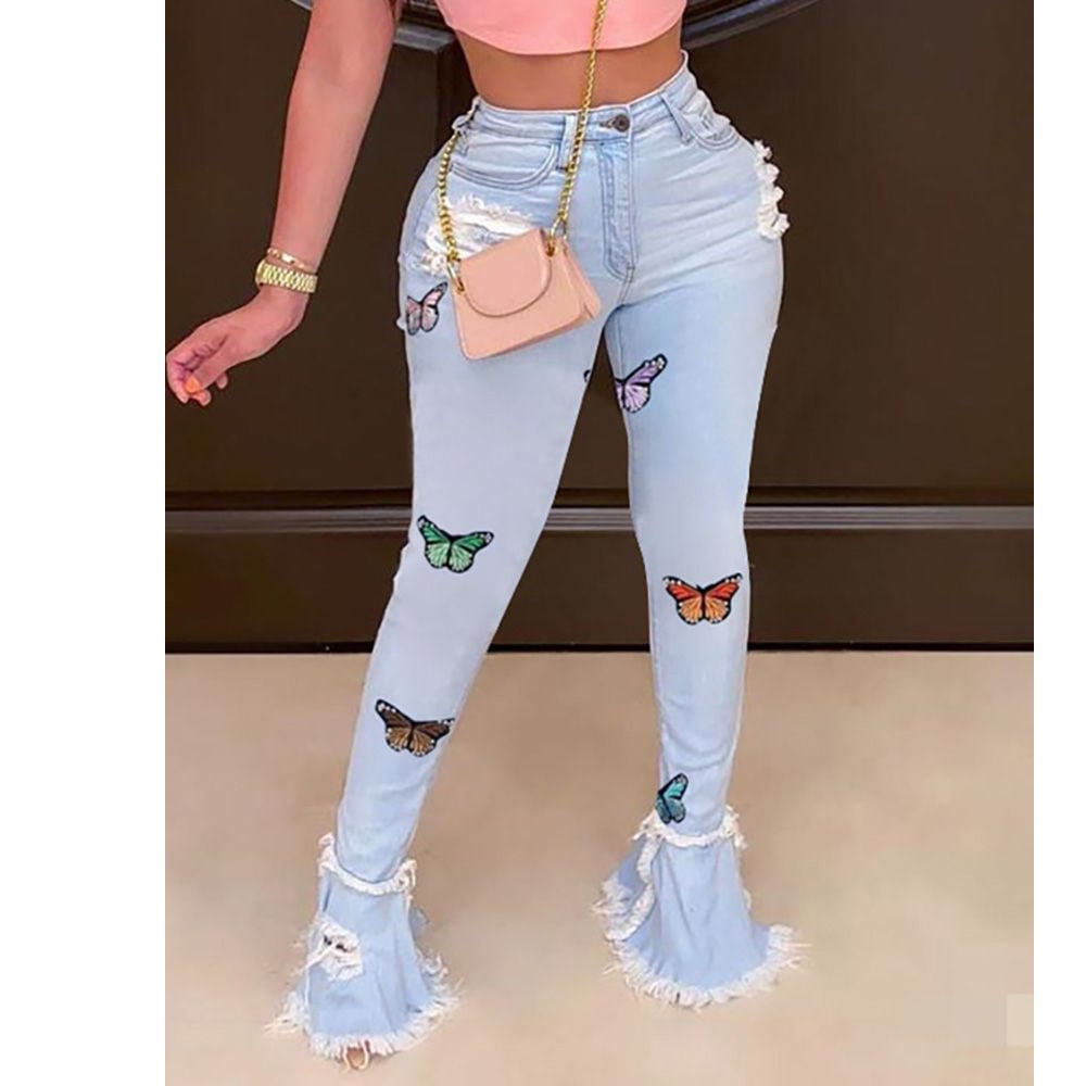 Embroidered Butterfly Ruffled Denim Trousers