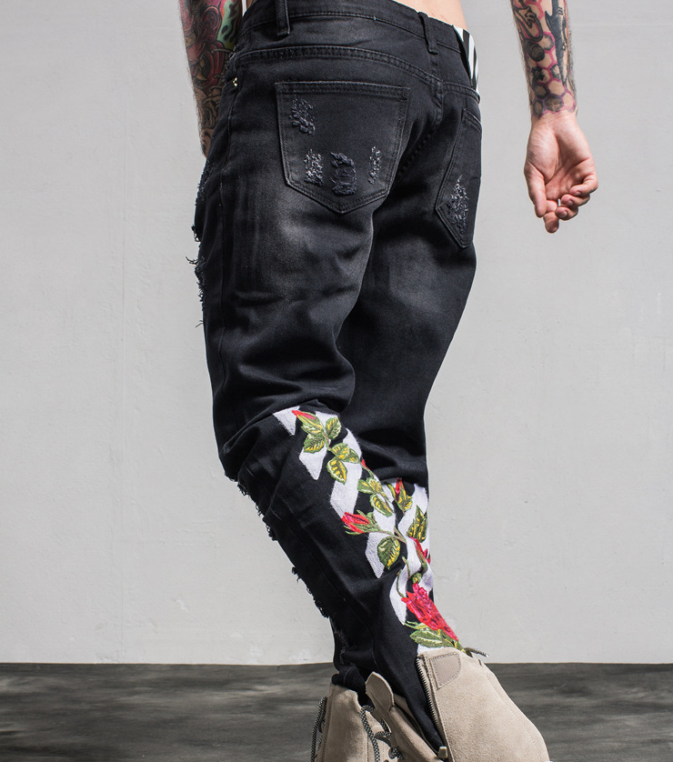 Rose Embroidered Ripped Denim Jeans