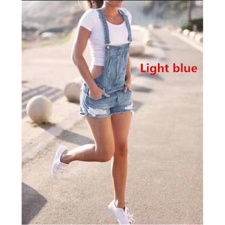 Blue Mid-Waist Denim Overalls Shorts