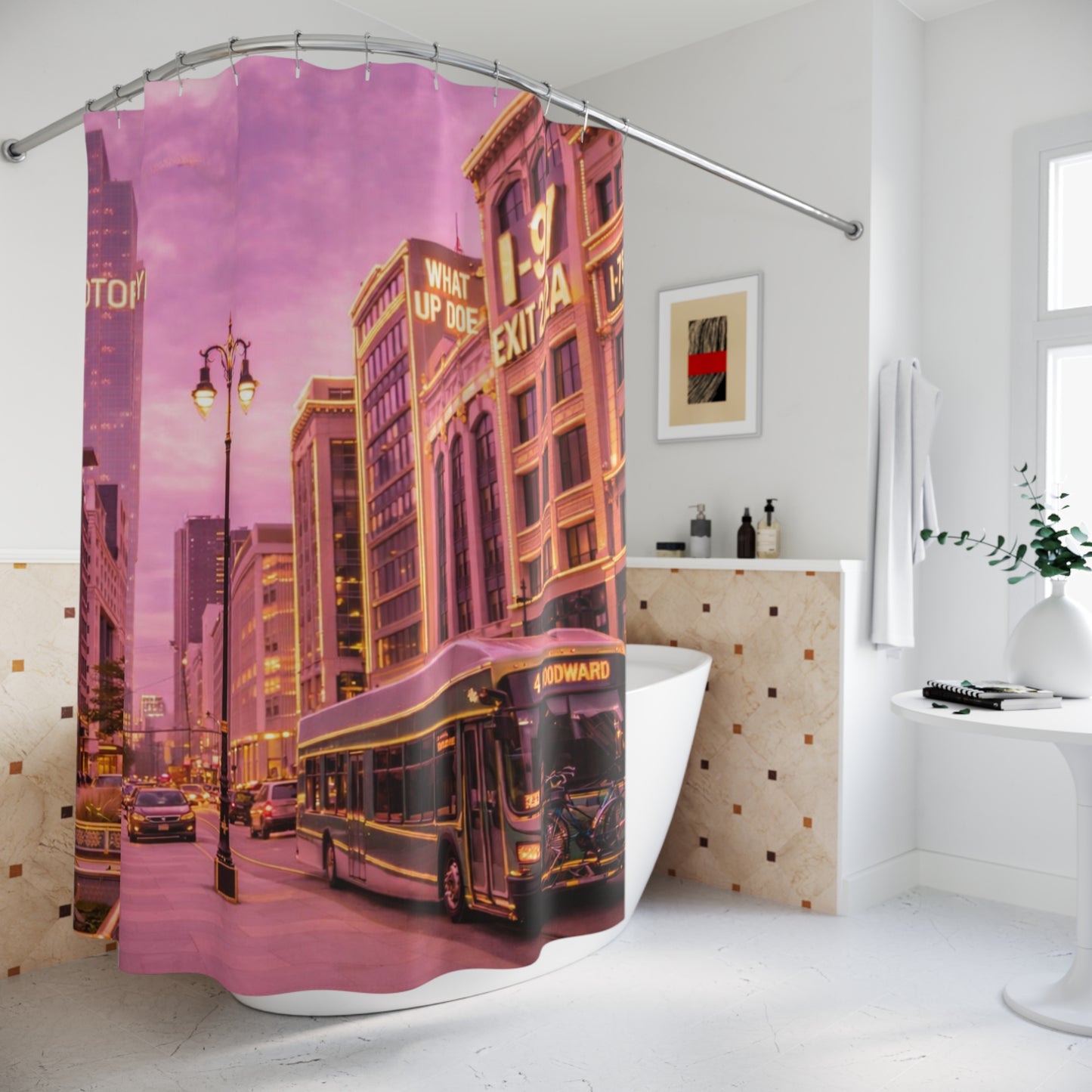 Detroit Motor City Vintage Street Shower Curtain — Pink Retro Urban Transit Design