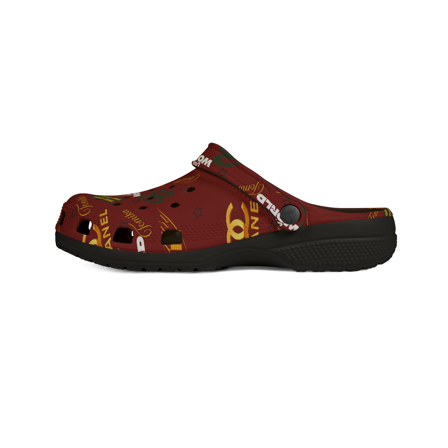 Tomika EVA Foam Clogs — Burgundy All-Over Print 'Chanel' Bee World Comfort Clogs