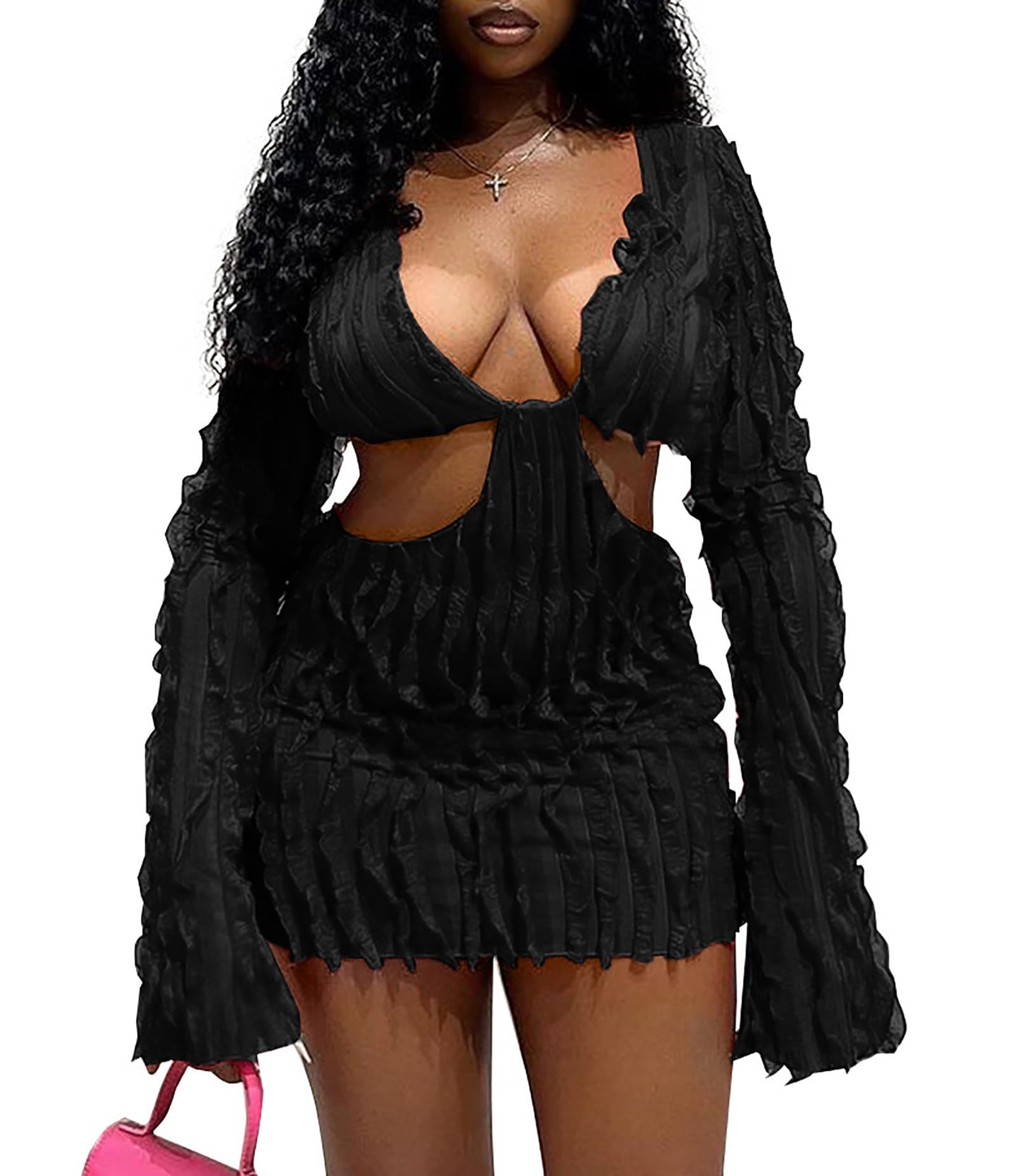 Ryehack Women’s Sexy Club & Night Out Dress Long Sleeve Deep V Neck Cut Out See Through Y2K Bodycon Mini Dress Going Out Outfits Black