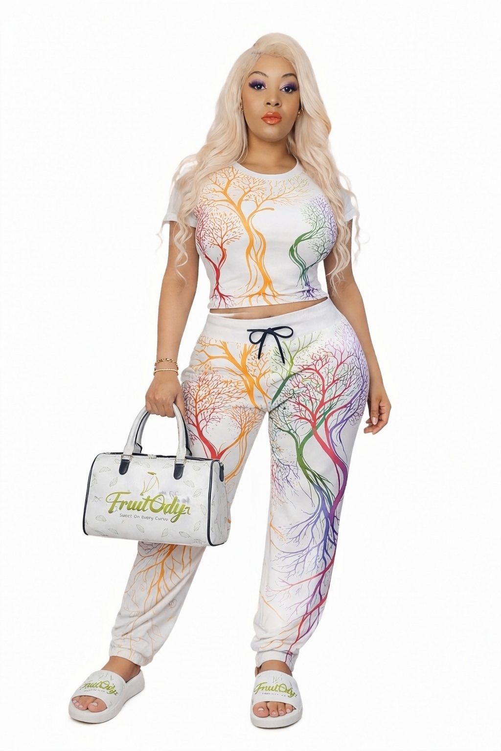 Fruitody’s Colorful Branch-Crop Tee — Vibrant All-Over Print