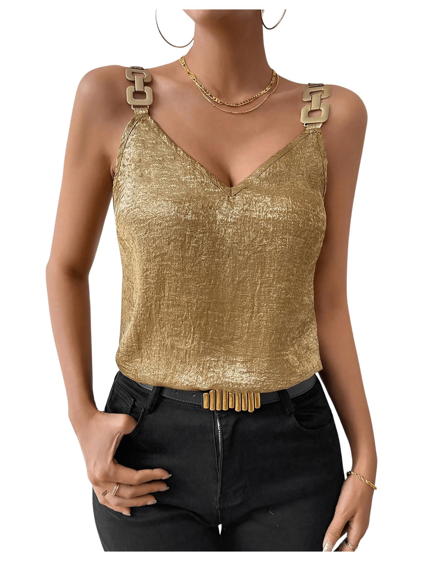 RoseSeek Womens Sequin Tops Metal Chain Strap V Neck Tank Tops Sparkly Sleeveless Camisole Tops Gold Large