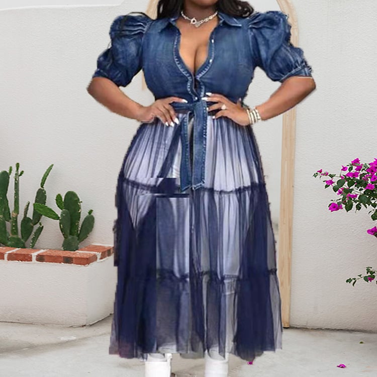 Plus Size Women's Denim Stitching Cardigan Dress