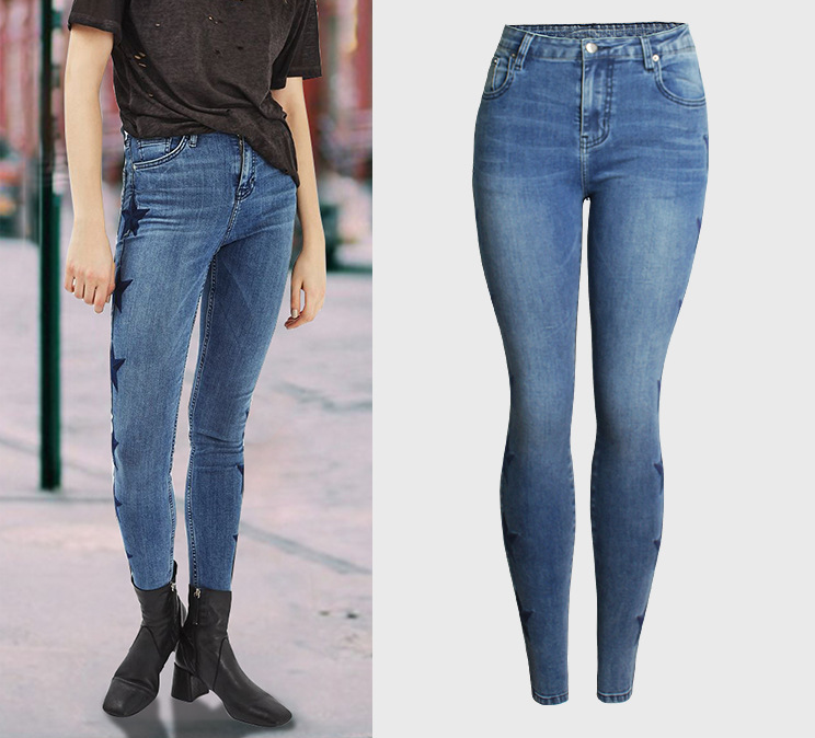 Embroidered Star Denim Cropped Pants