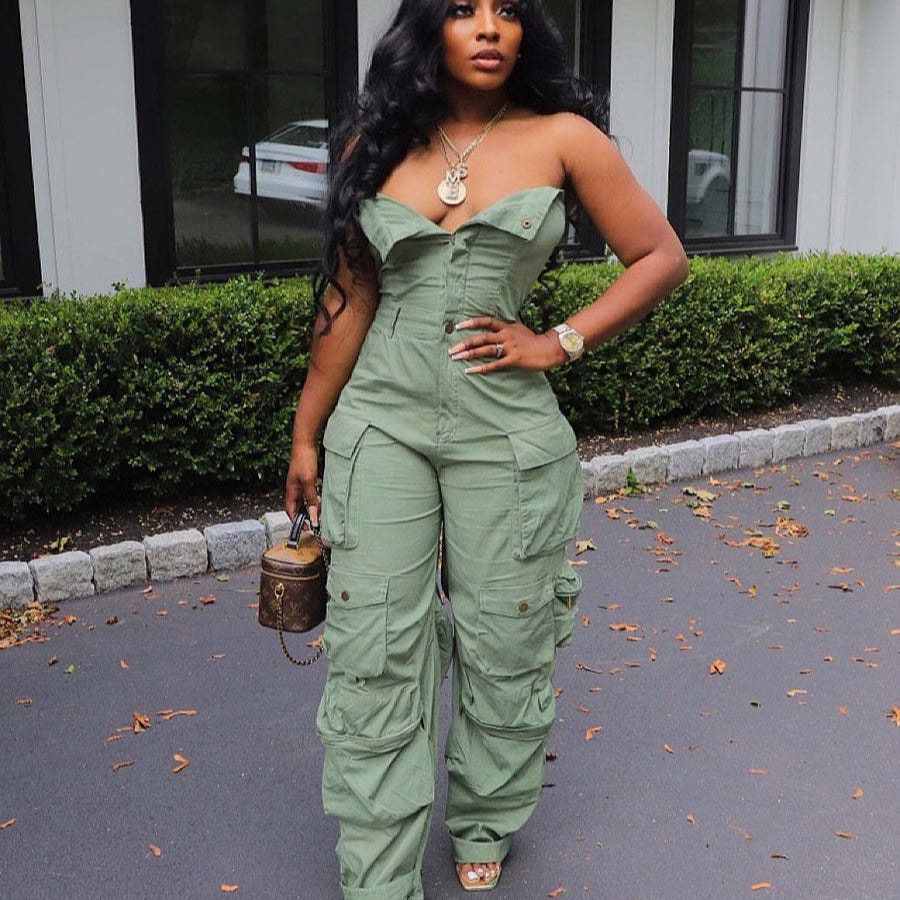 Women's Fashion Sexy Strapless Jumpsuit with Pockets