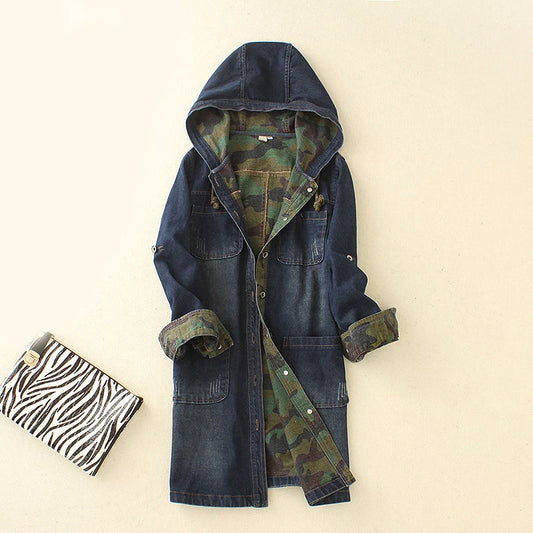 Ladies Camouflage Long Hooded Denim Jacket