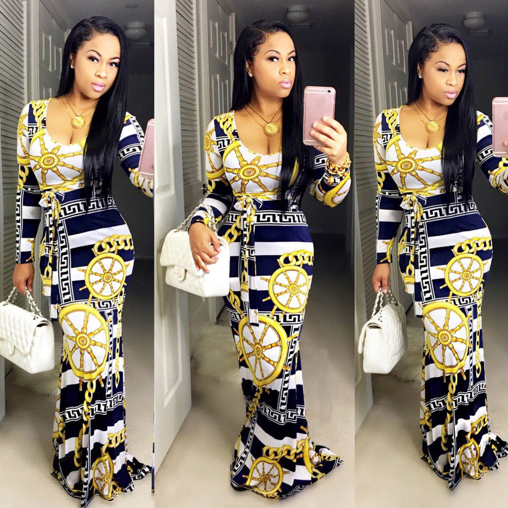 S3086-0 Striped Dress - Digital Print Long Sleeve Dress