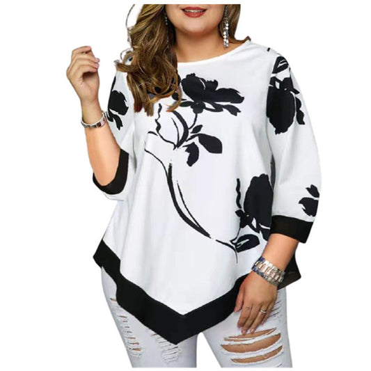 Trendy Round Neck Loose Blouse with Irregular Hem