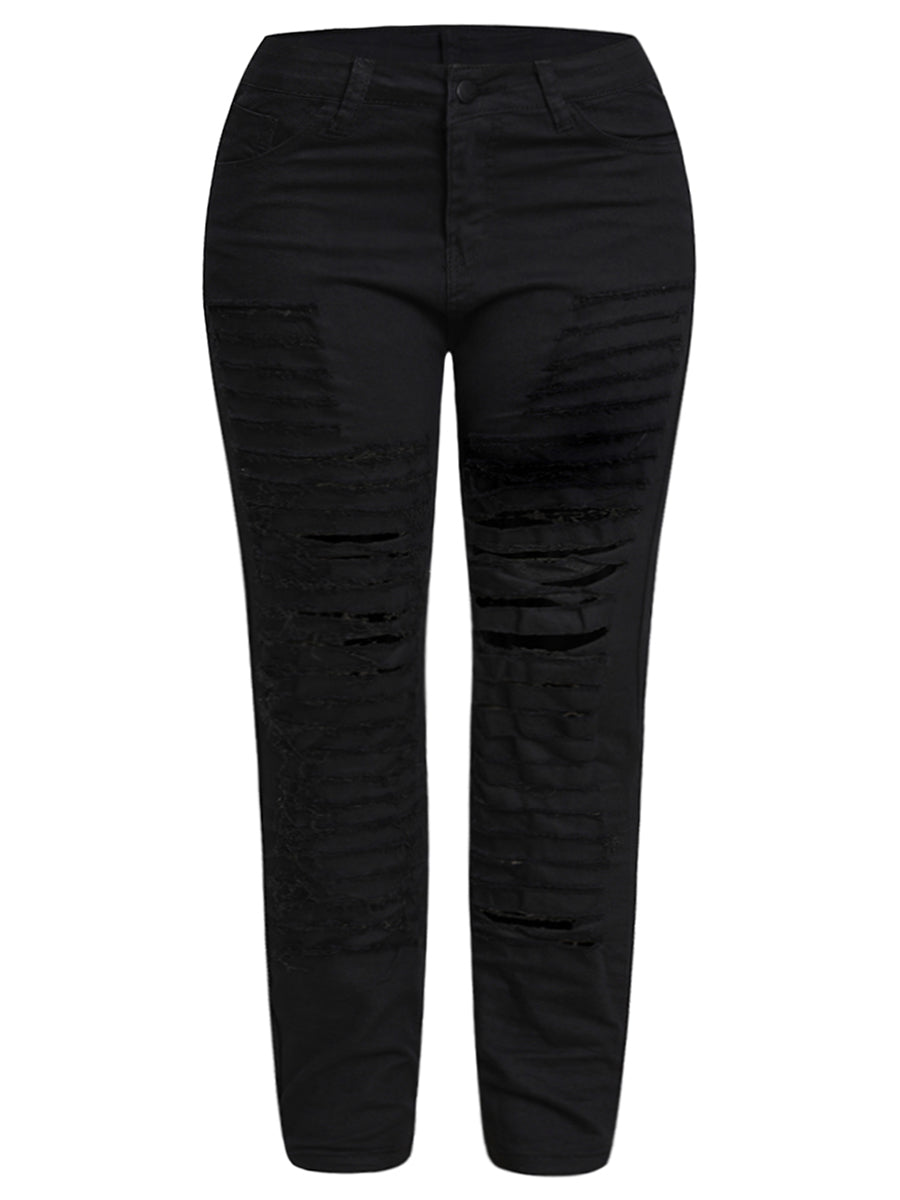 Plus Size Mid Waist High Stretch Ripped Denim Jeans