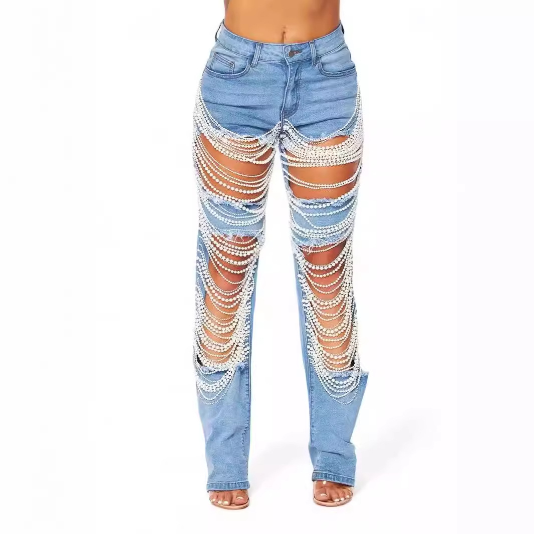 Chain Bead Ornament Denim Pants