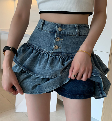 Retro Ruffled Denim Skirt for Women