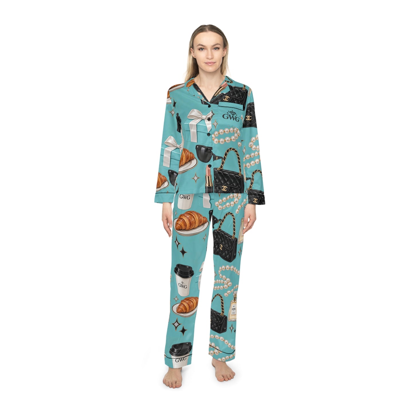 Girls With Goals Satin Pajama Set — Women's Luxury Sleepwear, Teal Motivational Loungewear