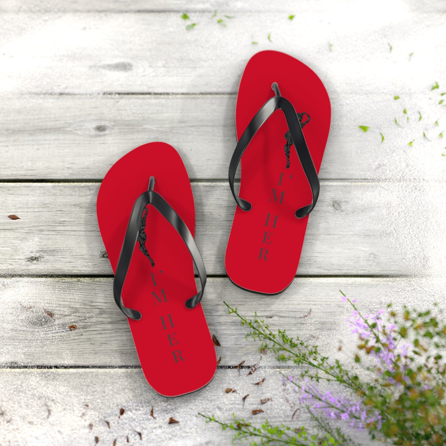 Red 'I'm Her' Flip Flops – Couples Beach Sandals
