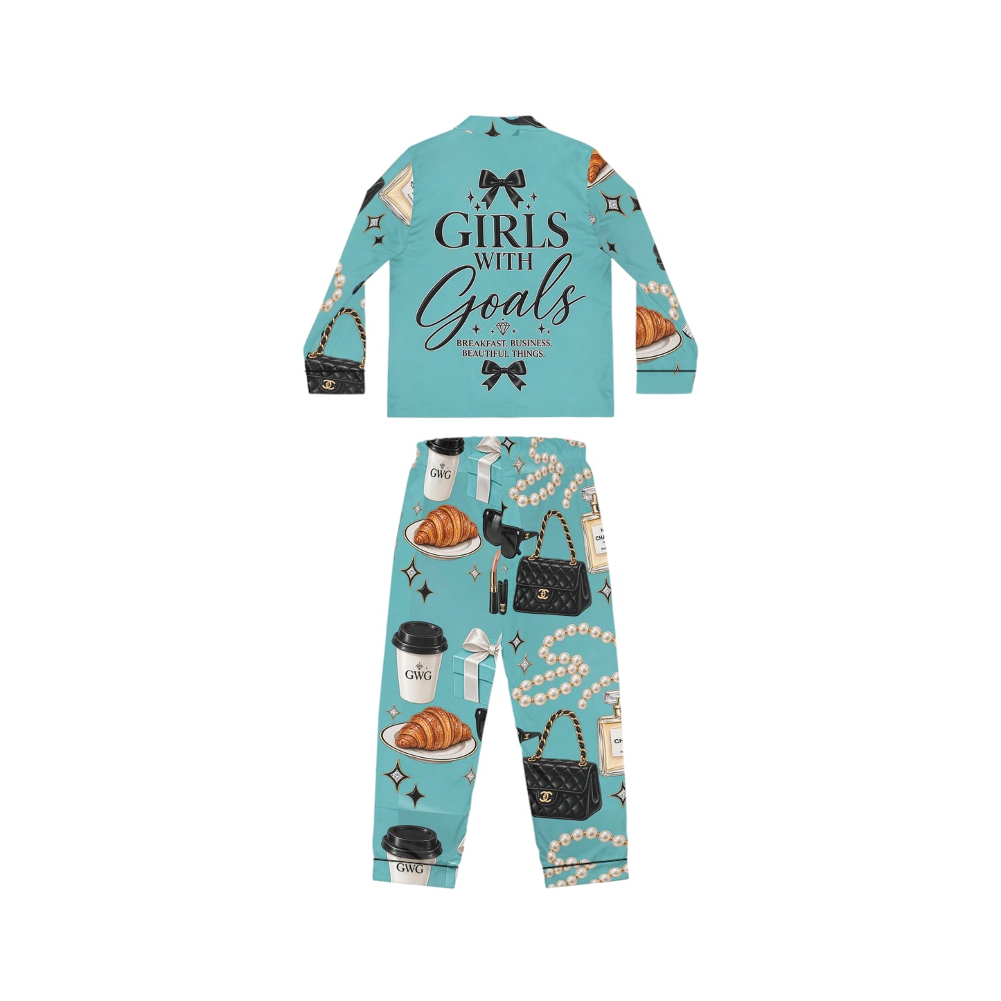Girls With Goals Satin Pajama Set — Women's Luxury Sleepwear, Teal Motivational Loungewear