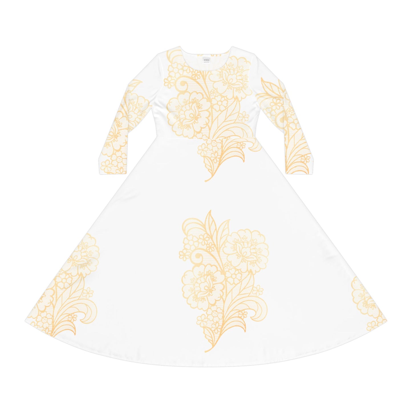 White Long-Sleeve Dance Dress with Delicate Gold Floral Print — Elegant Ballroom & Performance Dress