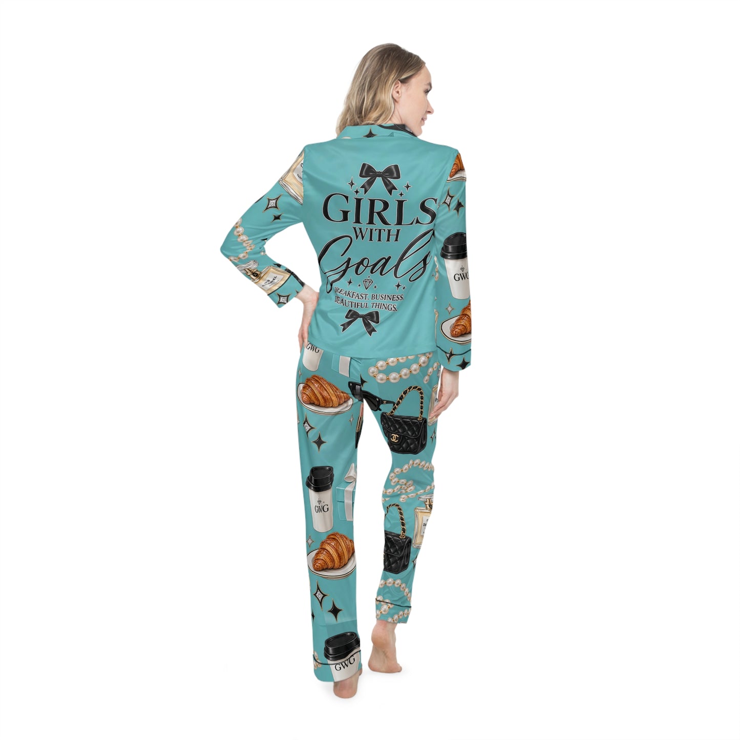 Girls With Goals Satin Pajama Set — Women's Luxury Sleepwear, Teal Motivational Loungewear