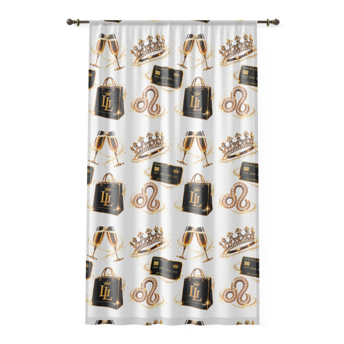 Luxury Leo Pattern Window Curtain — Champagne Glasses, Crowns & Handbags Sheer Drapery