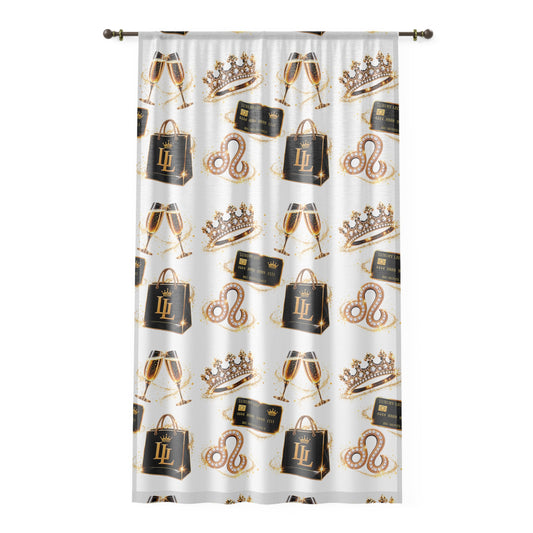 Luxury Leo Pattern Window Curtain — Champagne Glasses, Crowns & Handbags Sheer Drapery