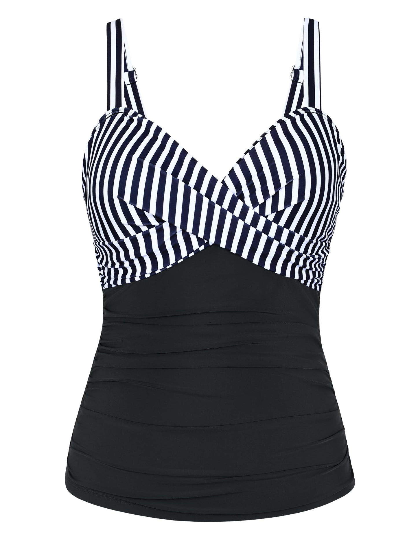 Hilor Womens Retro Ruched Tummy Control Swimsuit Tops Flattering Tankini Top with Underwire Bra Support Swim Tops Black&White Stripes 10