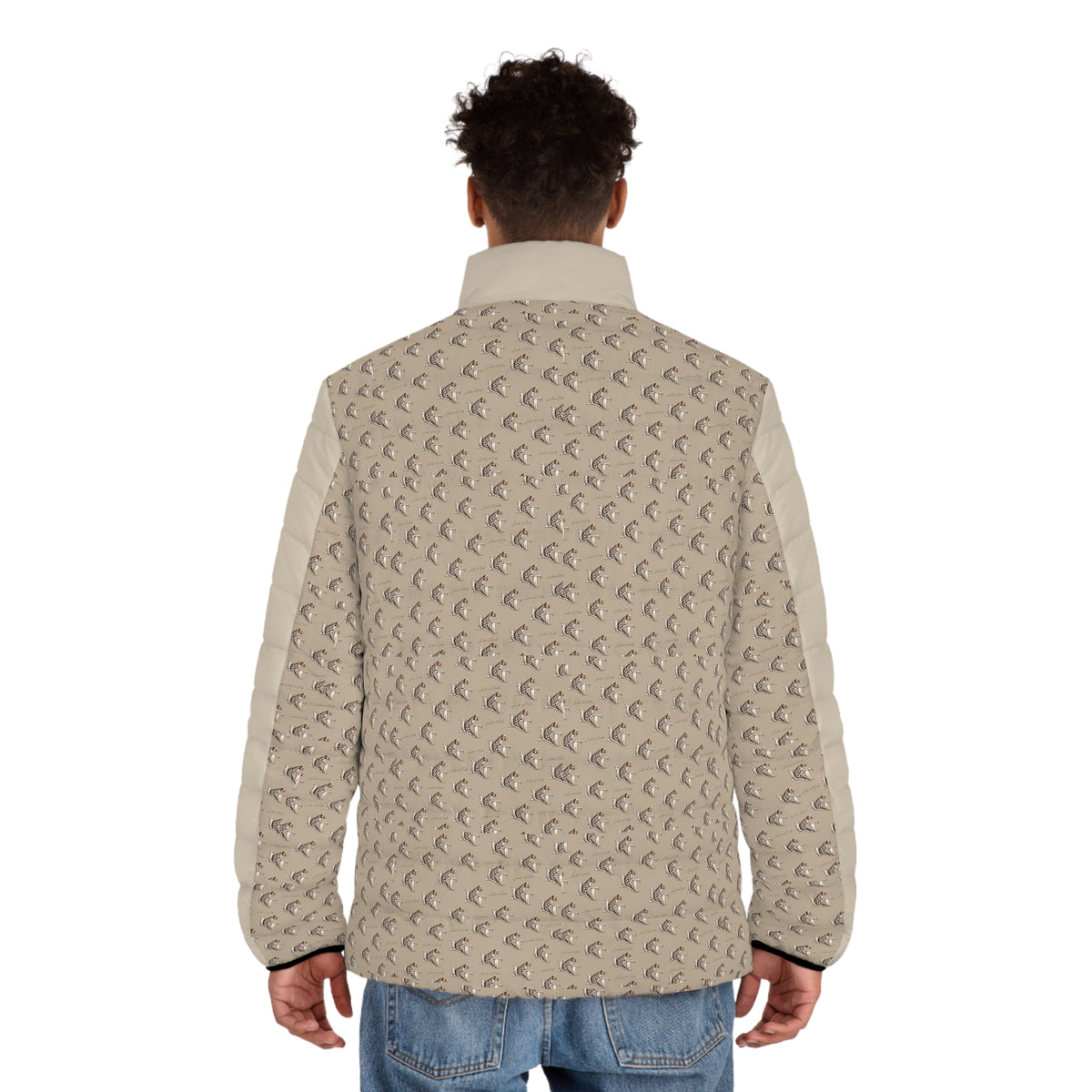 Men's LT Beige Crescent Pattern Puffer Jacket — Lightweight All-Over Print Winter Coat