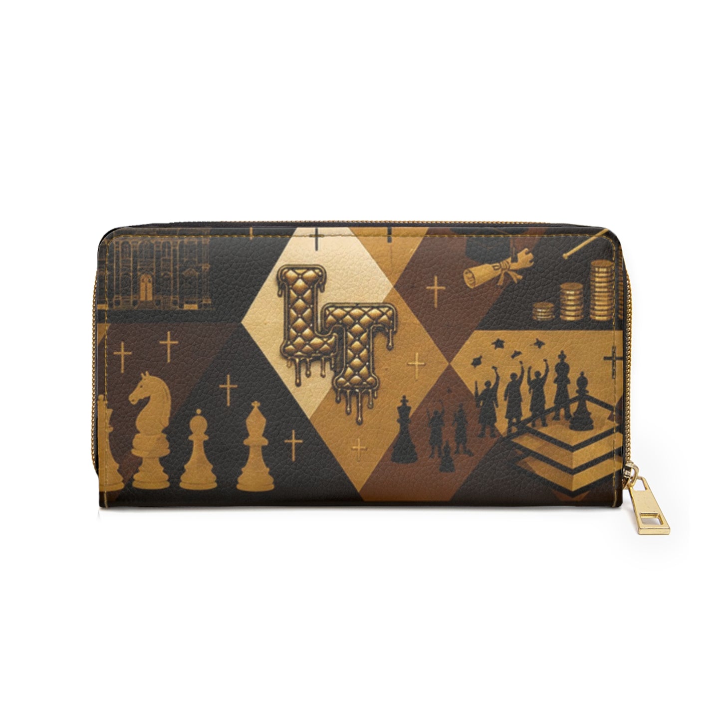 L&T-Chess Royale Zipper Wallet — Gold & Brown Checkered Chess Pattern
