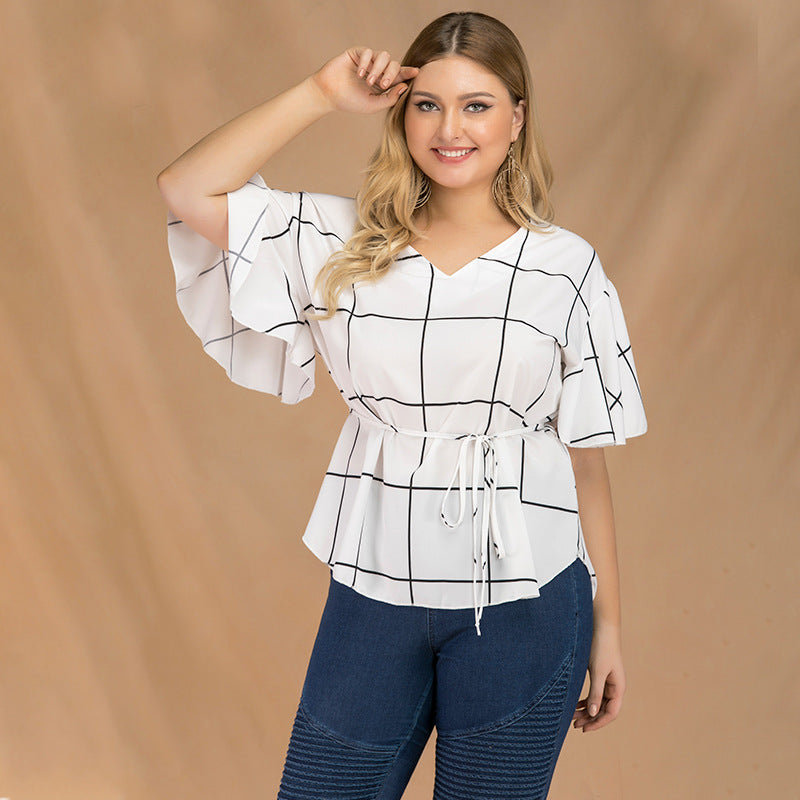Women's White V-Neck Checkered Blouse with Bell Sleeves