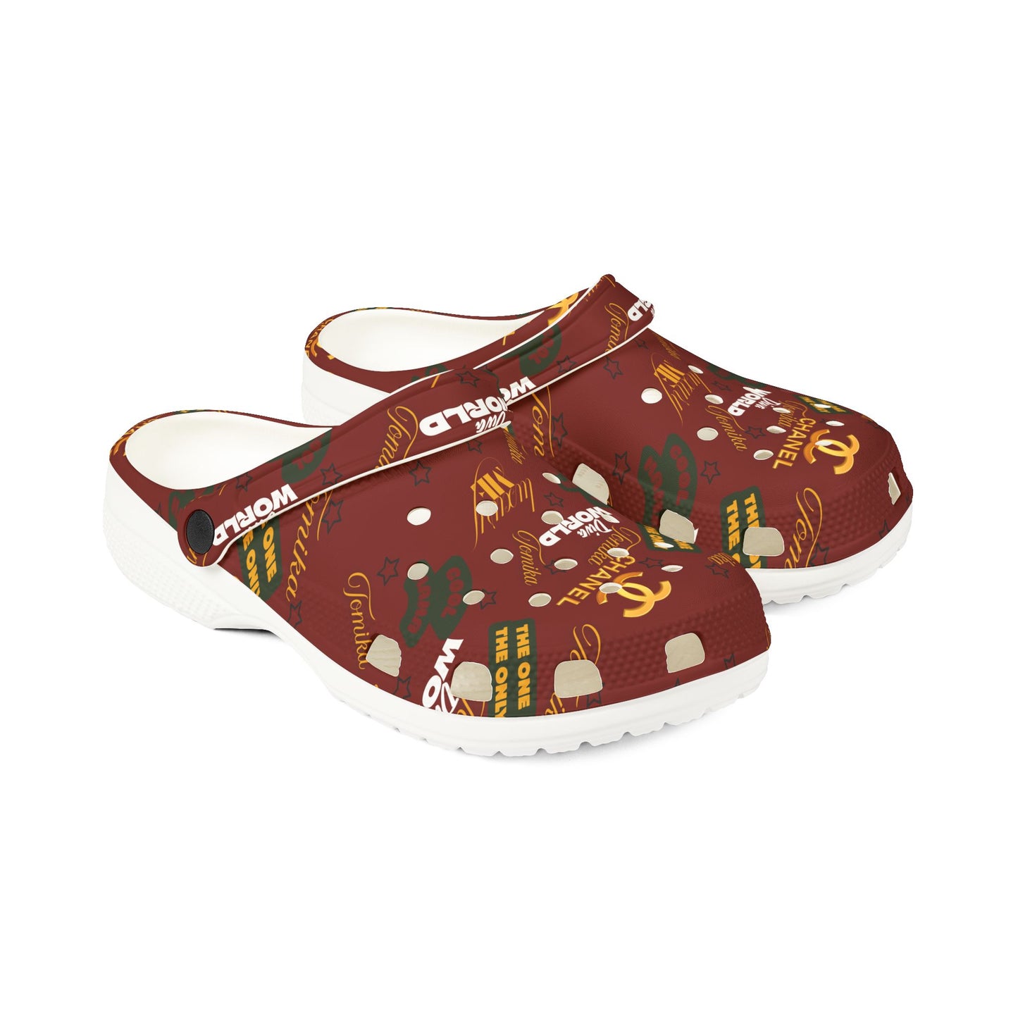 Tomika EVA Foam Clogs — Burgundy All-Over Print 'Chanel' Bee World Comfort Clogs