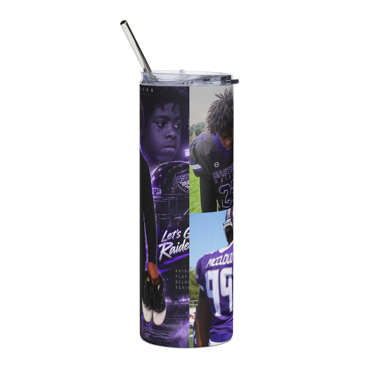 Football Photo Stainless Steel Tumbler — Custom Player Name & Eastside Raiders Logo, 20oz