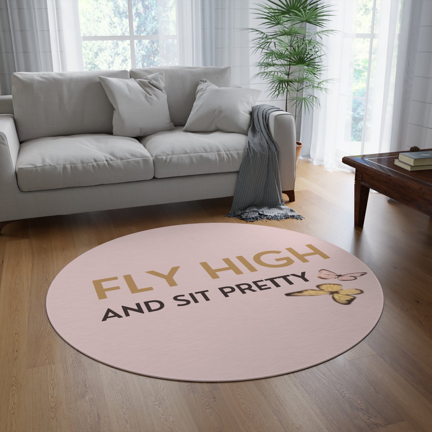 Fly High And Sit Pretty Round Rug — Pink Butterfly Decorative Floor Mat