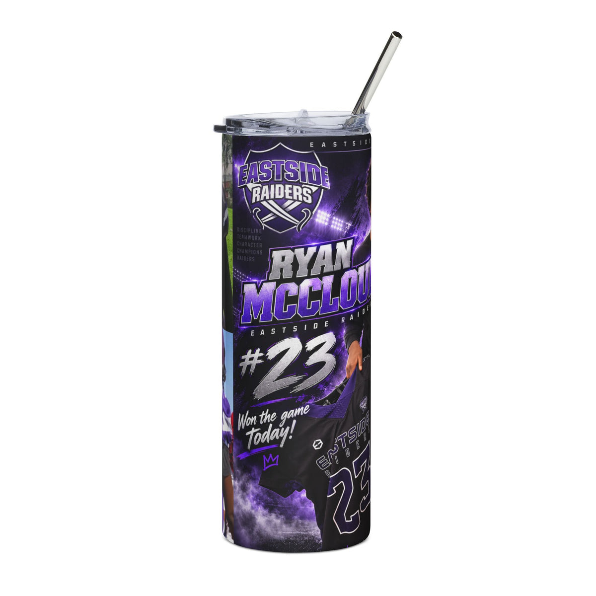 Football Photo Stainless Steel Tumbler — Custom Player Name & Eastside Raiders Logo, 20oz