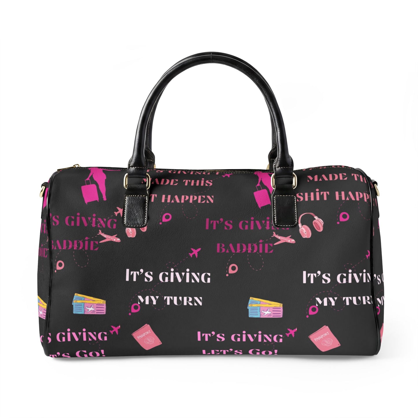 Leather Travel Bag — "It's Giving My Turn" Pink Graphic Weekender for Baddies