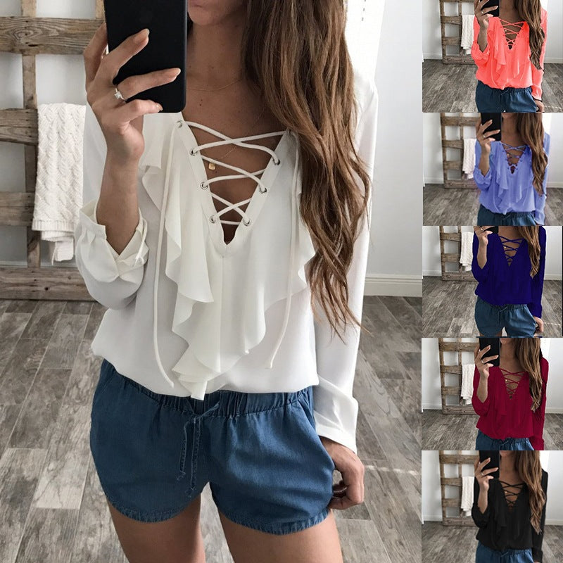 Long Sleeve Polka Dot Chiffon Blouse with Ruffles