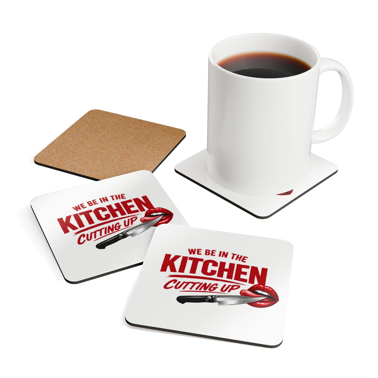 Kitchen Cutting Up Corkwood Coaster Set – Funny Chef Lips & Knife Drink Coasters