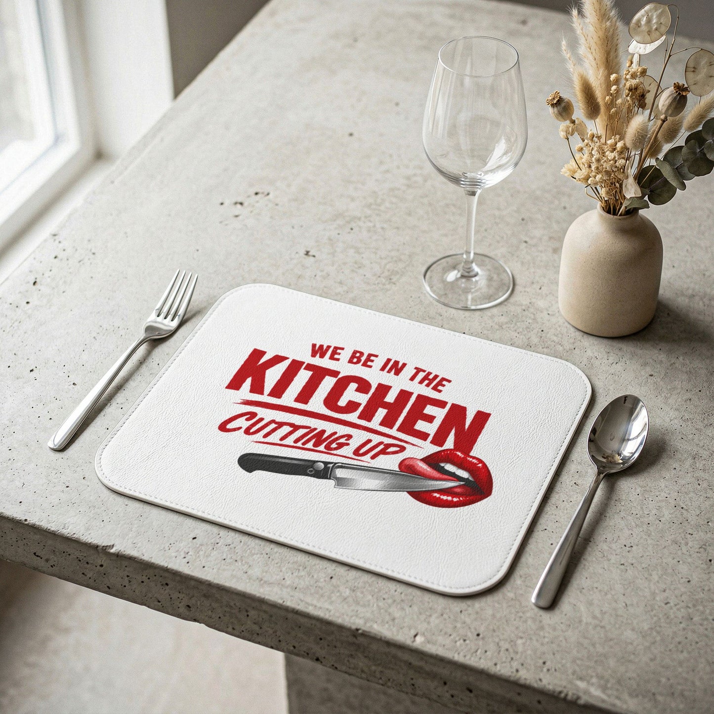 Leather Placemat — "We Be in the Kitchen Cutting Up" Red Lip & Knife Decorative Placemat