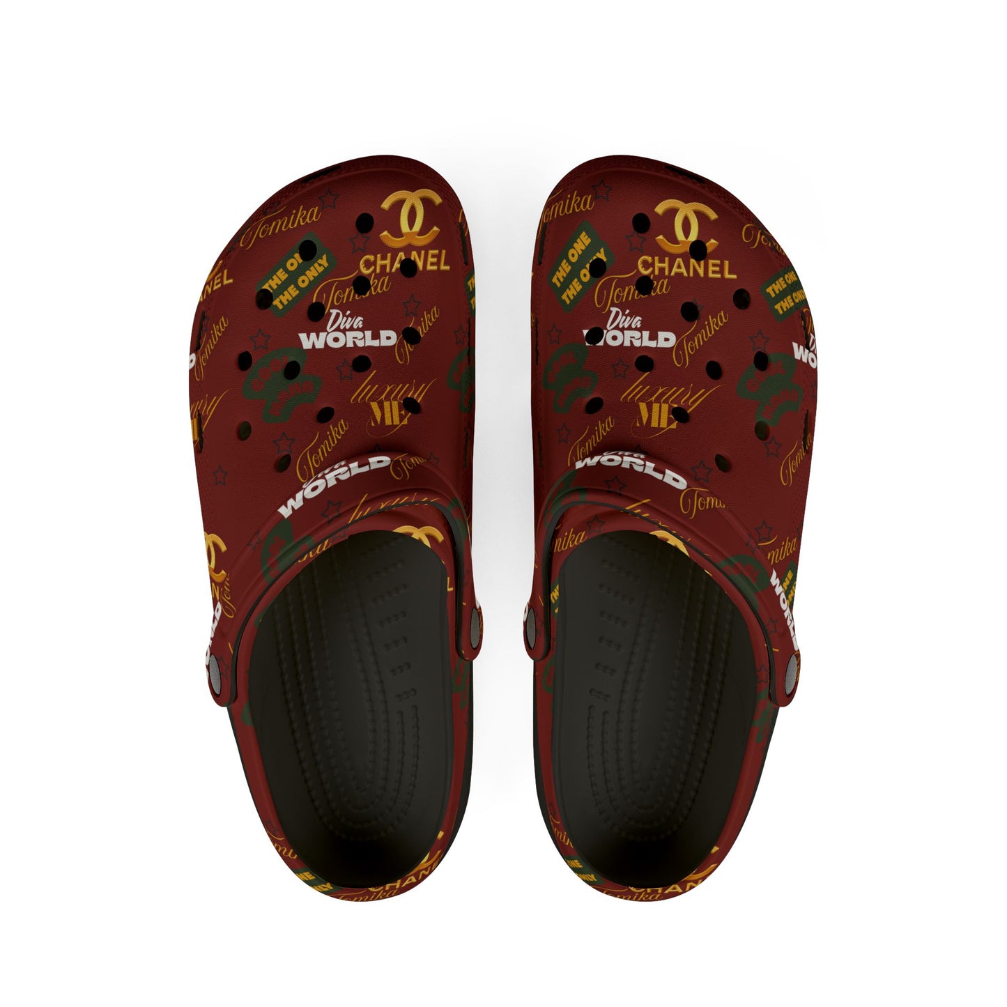 Tomika EVA Foam Clogs — Burgundy All-Over Print 'Chanel' Bee World Comfort Clogs